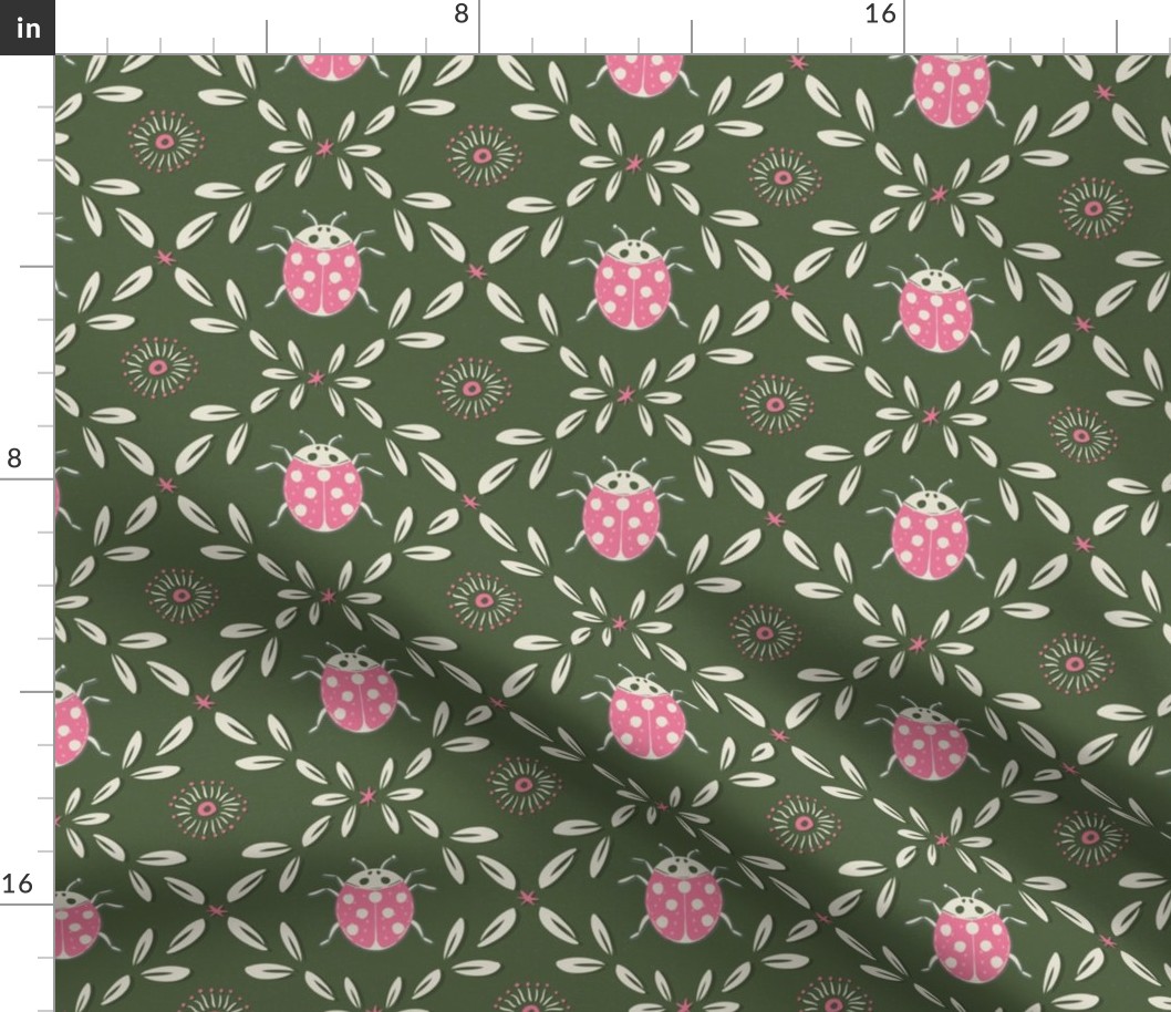 Ladybug Garden Lattice Damask MED | Magical Meadow | Bubblegum Pink Cactus Green Pearl White