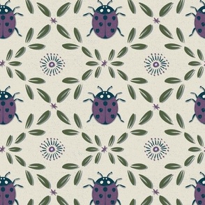 Ladybug Garden Lattice Damask MED | Magical Meadow | Dusty Purple Cactus Green on Pearl White