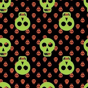 Halloween Skulls -  Green on Orange and Black