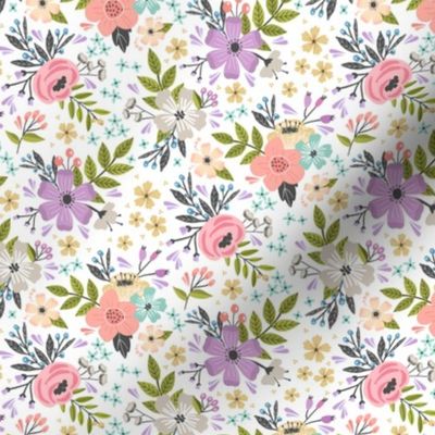 XS Floral Garden // Flower Fabric, Colorful Flowers – White, x-small scale, 6" repeat