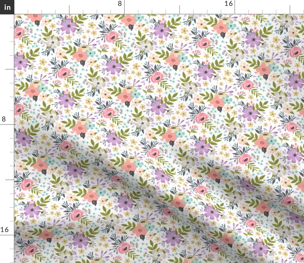 XS Floral Garden // Flower Fabric, Colorful Flowers – White, x-small scale, 6" repeat