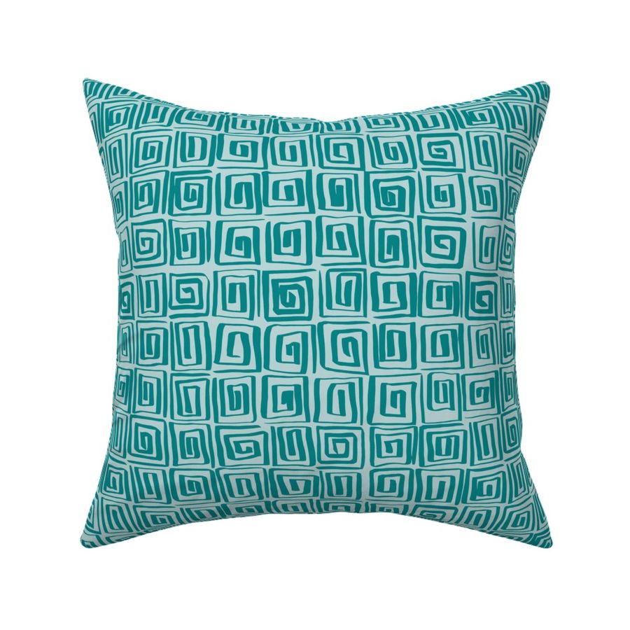 Hand Drawn Greek Key Square Spirals Motif, Verdigris on Pastel Aqua (Medium Scale)