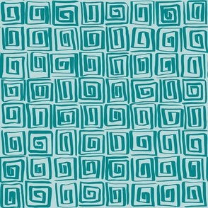 Hand Drawn Greek Key Square Spirals Motif, Verdigris on Pastel Aqua (Medium Scale)