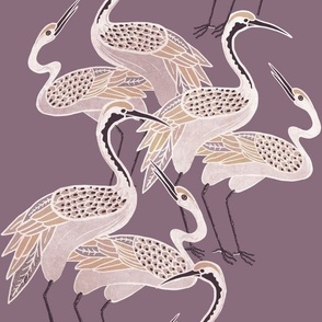 Deco Cranes, Deep Lavender 12in x 17.78in repeat scale