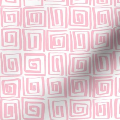 Hand Drawn Greek Key Square Spirals Motif, Baby Pink and White (Medium Scale)