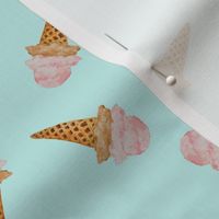 Small Scattered Watercolor Ice Cream in Waffle Cones with Pastel Acqua Background