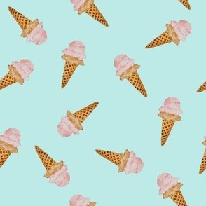 Small Scattered Watercolor Ice Cream in Waffle Cones with Pastel Acqua Background