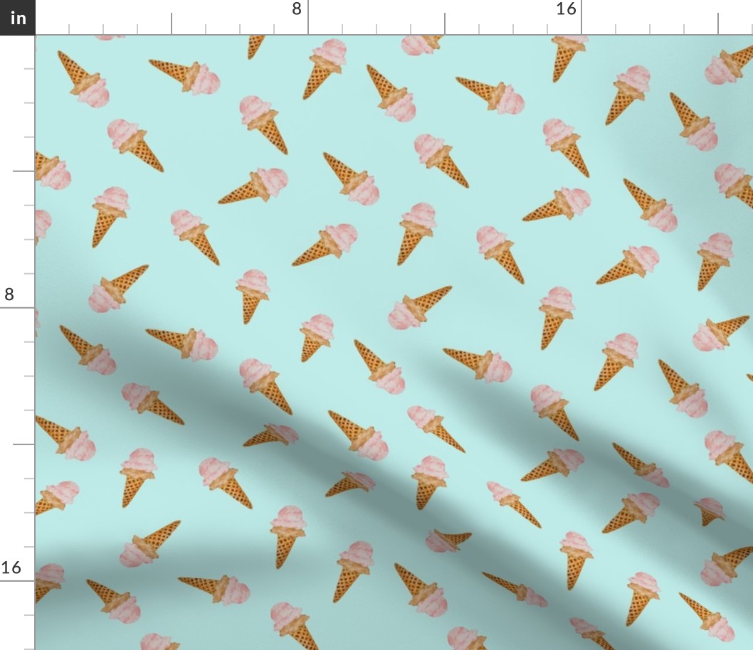 Small Scattered Watercolor Ice Cream in Waffle Cones with Pastel Acqua Background