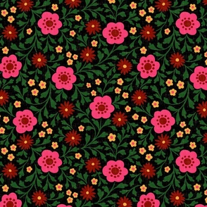 Eloise Floral - 12" large - pink, red, yellow, and green on black 
