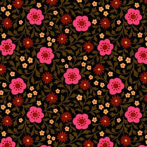 Eloise Floral - 12" large - pink, red, yellow, and bronze on black 