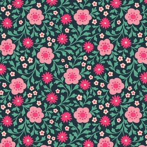 Eloise Floral - 12" large - pink and teal on midnight 