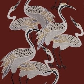 deco cranes, deep red wine 6in x 8.89in repeat scale