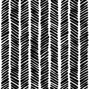 Hand Drawn Doodle Herringbone Stripes, Black and White (Medium Scale)