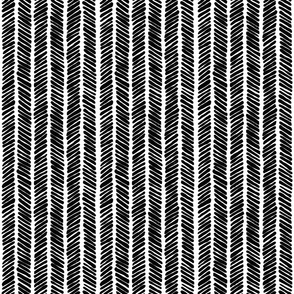 Hand Drawn Doodle Herringbone Stripes, Black and White (Small Scale)