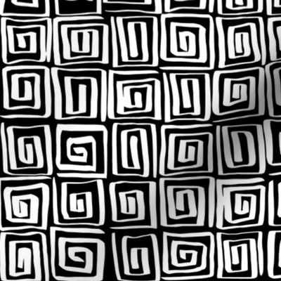 Hand Drawn Greek Key Square Spirals Motif, White on Black (Medium Scale)