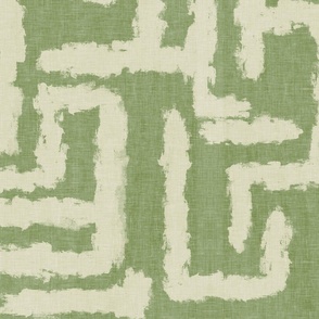 Brush Marks -cream on green with white linen texture (large scale)