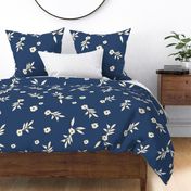 Large scale  handpainted vectorized  cream Flowers in navy blue wallpaper