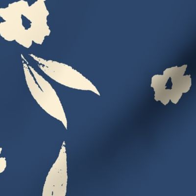 Large scale  handpainted vectorized  cream Flowers in navy blue wallpaper