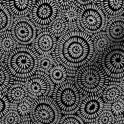 Hand Drawn Sun Burst Geometric Circles, White on Black (Small Scale)