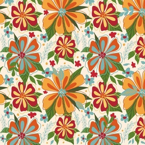 Maximalist - Medium scale  yellow, orange and red  floral  in white, off-white