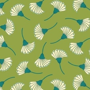 Ivory white flowers with teal stems on green - fabric, art deco, art nouveau, midcentury