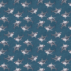 Embroidered Sharks Blue BG - Small Scale