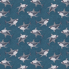 Embroidered Sharks Blue BG - Medium Scale