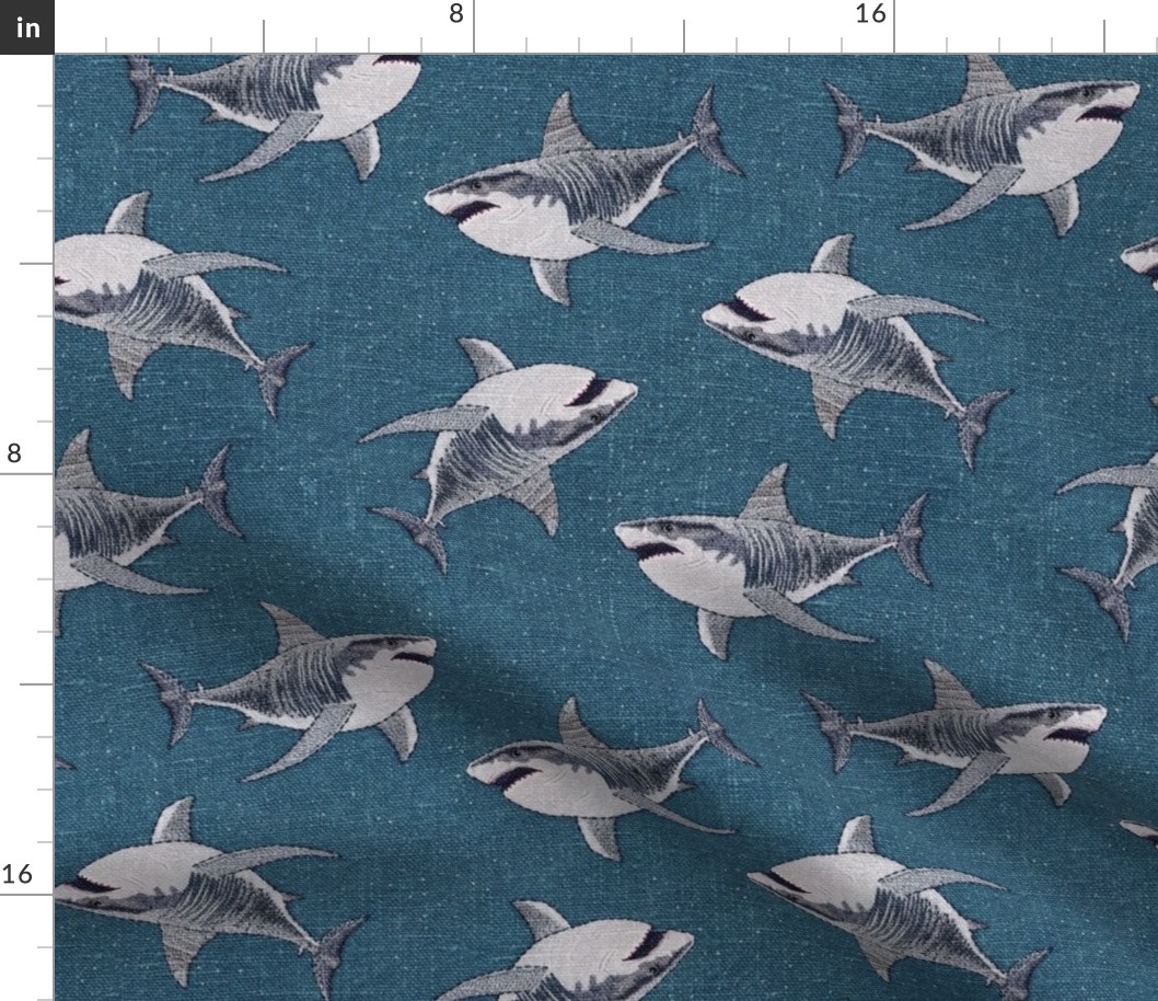 Embroidered Sharks Blue BG - Large Scale