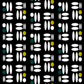 black and white with yellow and blue dots