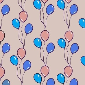 Happy Balloons in Pink, Purple and blue on a grey background.  