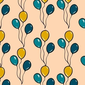 Happy Balloons in Lime green, Turquoise and Aqua on a peachy background.  