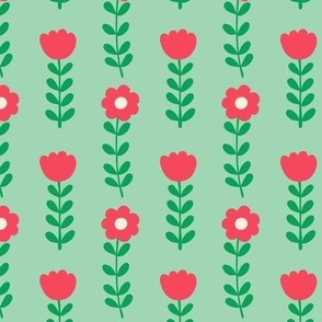 Vintage retro 1960s floral pattern in green and red - Small scale
