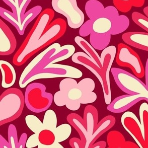 Flower power 1970s groovy retro pattern in pink and red - Small scale