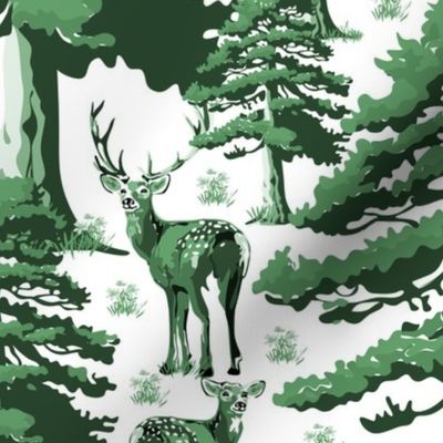 Animals Wallpaper in Modern Vintage Deer Forest Setting, Wild Stag, Baby Fawn and Doe, Pine Trees in Green and White, Modern Green Toile De JOUY, Forest Green Pine Tree Forest, Wild Deer Buck Country Landscape, Wild Animal Farmhouse Pattern, Large Scale