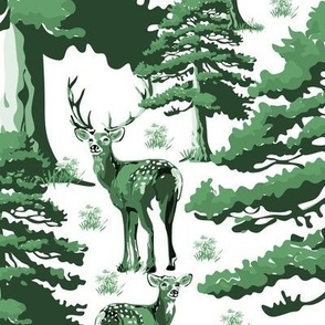  Animals Wallpaper in Modern Vintage Deer Forest Setting, Wild Stag, Baby Fawn and Doe, Pine Trees in Green and White (Large Scale)