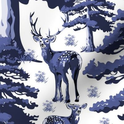 Woodland Toile Animals Wallpaper in Modern Vintage Deer Forest Setting, Wild Stag, Baby Fawn and Doe, Pine Trees in Blue and White (Large Scale)