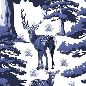 Woodland Toile Animals Wallpaper in Modern Vintage Deer Forest Setting, Wild Stag, Baby Fawn and Doe, Pine Trees in Blue and White (Large Scale)