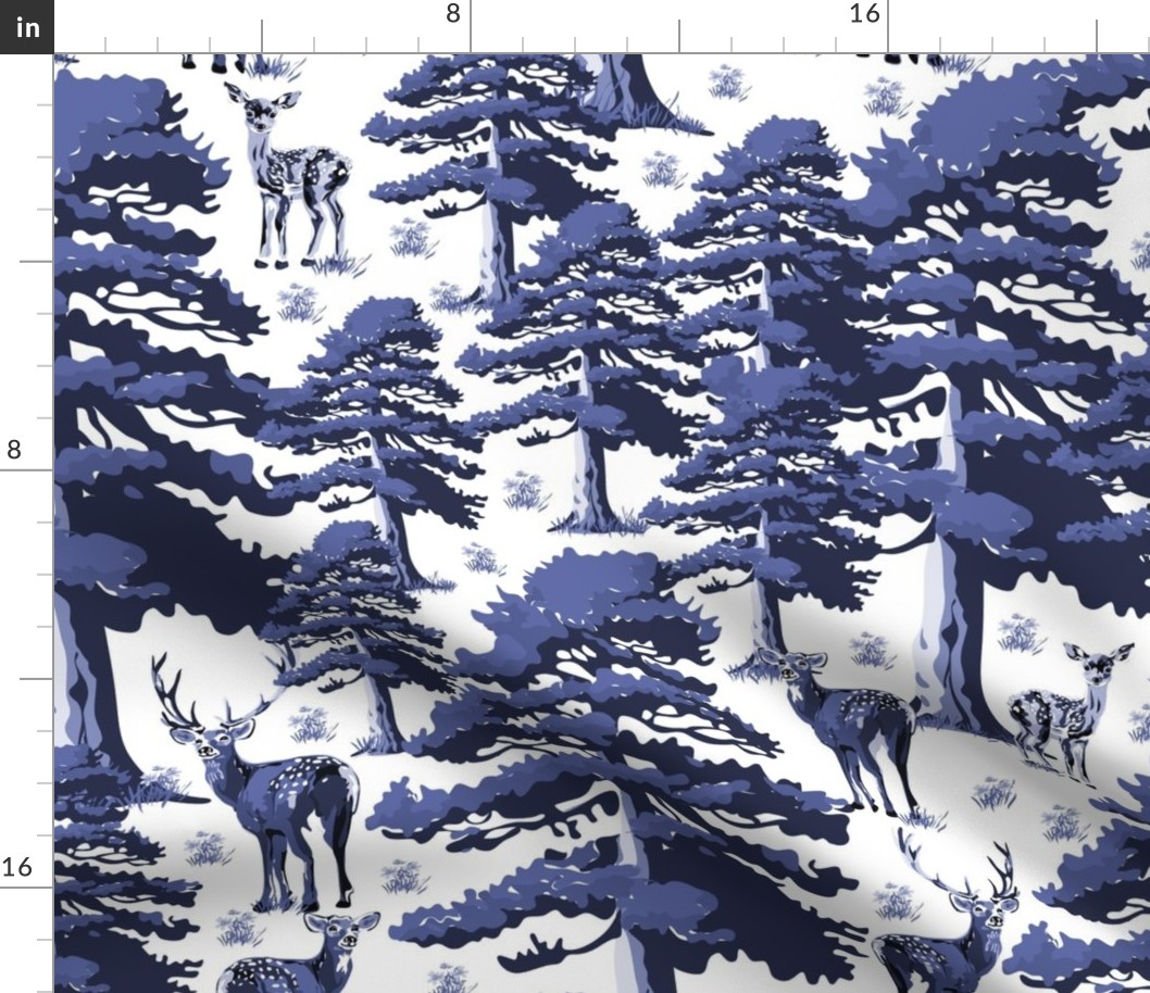 Woodland Toile Animals Wallpaper in Modern Vintage Deer Forest Setting, Wild Stag, Baby Fawn and Doe, Pine Trees in Blue and White (Large Scale)