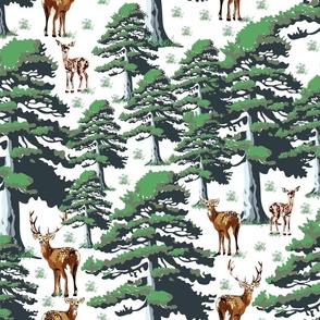 Woodland Pattern Deer Forest Animals with Pine Trees, Modern Vintage Wild Stag, Baby Fawn and Doe, Green Pine Trees on White (Large Scale)