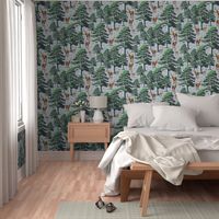 Modern Vintage Woodland Deer Forest Animals Pattern with Pine Trees, Wild Stag, Baby Fawn and Doe, Green Pine Trees on Blue