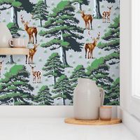 Modern Vintage Woodland Deer Forest Animals Pattern with Pine Trees, Wild Stag, Baby Fawn and Doe, Green Pine Trees on Blue