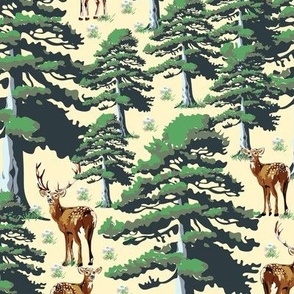 Vintage Woodland Animals Wallpaper in Modern Deer Forest Setting, Wild Stag, Baby Fawn and Doe, Green Pine Trees on Yellow