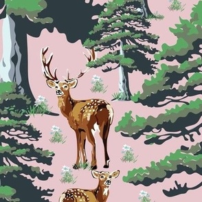 Modern Vintage Animals Wallpaper in Woodland Deer Forest Setting, Wild Stag, Baby Fawn and Doe, Green Pine Trees on Pink