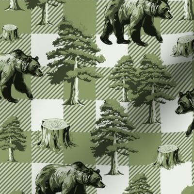 Monochrome Buffalo Plaid Toile de Jouy Pattern, Grizzly Brown Bear Country Toile, Pine Tree Wilderness, Cozy Cabin Lumberjack Gingham Check