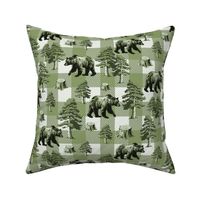 Monochrome Buffalo Plaid Toile de Jouy Pattern, Grizzly Brown Bear Country Toile, Pine Tree Wilderness, Cozy Cabin Lumberjack Gingham Check