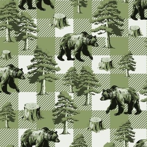 Monochrome Buffalo Plaid Toile de Jouy Pattern, Grizzly Brown Bear Country Toile, Pine Tree Wilderness, Cozy Cabin Lumberjack Gingham Check