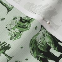 Brown Bear Country Toile Pattern, Flying Honey Bees, Wild Grizzly Bear Forest, Flying Buzzing Bee in Woods on Green