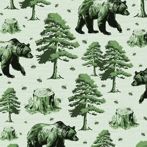 Brown Bear Country Toile Pattern, Flying Honey Bees, Wild Grizzly Bear Forest, Flying Buzzing Bee in Woods on Green