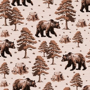 Cozy Cabin Core Brown Bear Country Pattern, Flying Honey Bees, Wild Grizzly Bears Forest, Flying Bee in Woods Toile