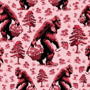 Bigfoot Trail Mythical Sasquatch Creature Collecting Mushrooms, Whimsical Ape Man Foraging Toadstools, Humorous Yeti Monster on Pink Red